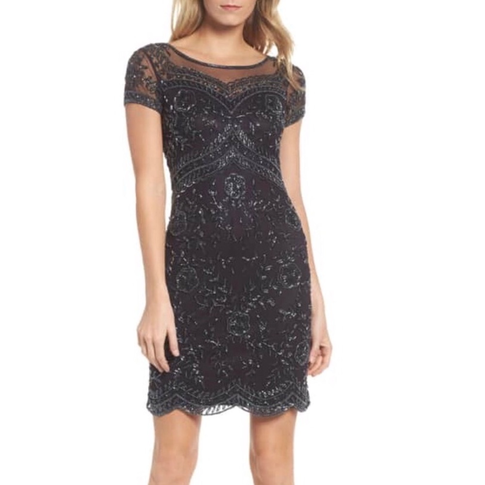 Pizarro Nights beaded illusion mesh sheath dress